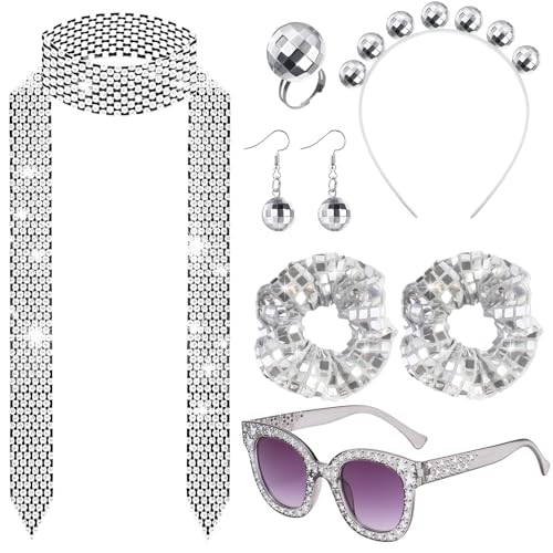 7Pcs Disco Accessoires mit Pailletten für Frauen Mottoparty Halloween Geburtstag Hippie-Kostüm (Silber-7Pcs) von Saier tbo