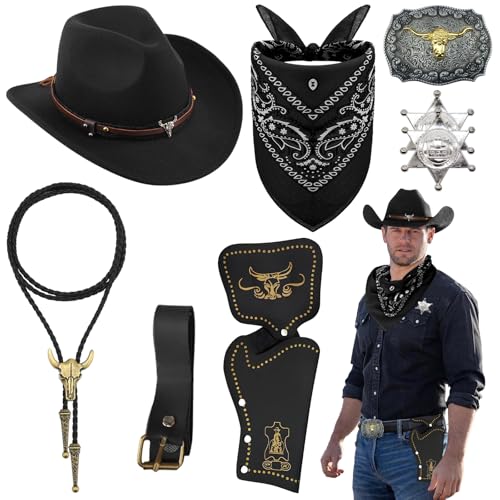 8 Stück Cowboy Kostüm Zubehör Set, Deluxe Western Cowboy Outfit Kit mit Brauner Hut Paisley Bandana Holster Gürtel Boloschnalle Krawatte Halskette Sheriff Abzeichen für Herren Hippie Cosplay Party von Saier tbo