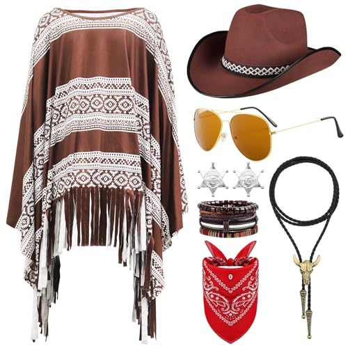 8 Stück Western Cowboy Kostüm Set, Cowboy Outfit Accessoire Kit mit Umhang Cowboyhut Sonnenbrille Paisley Bandanas Halskette Abzeichen Armband für Herren Damen Halloween Karneval Partys 8 Stück Western Cowboy Kostüm Set, Cowboy Outfit Accessoire Kit mit Umhang Cowboyhut Sonnenbrille Paisley Bandanas Halskette Abzeichen Armband für Herren Damen Halloween Karneval Partys von Saier tbo