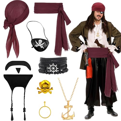 8PCS Piratenkostüm Zubehör Damen Herren, Mittelalter Piratenkapitän Verkleidungsset mit Kopftuch Gürtel Bart Halskette Armband Augenklappe Creolen Ringe für Halloween Frauen Männer Erwachsene Cosplay von Saier tbo