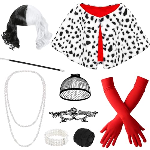 9 Stück Cruella Damen Cosplay Set, Schwarze und weiße Perücke Devil Kostüm mit Perücke Maske Perlenketten Armbänder Handschuhe Schal Zigarettenstange Netzstrümpfe für Karneval Fasching Mottoparty von Saier tbo