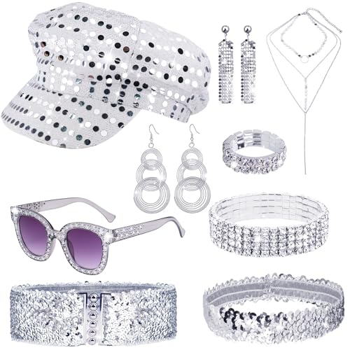 9 Stück Silber Disco Accessoire Set, 70er Glitzerndes Abba Kostüm mit Abba Hut Pailletten Stirnband Sonnenbrille Ohrringen Halskette Ring Armband Gürtel für Damen Hippie Mottoparty von Saier tbo