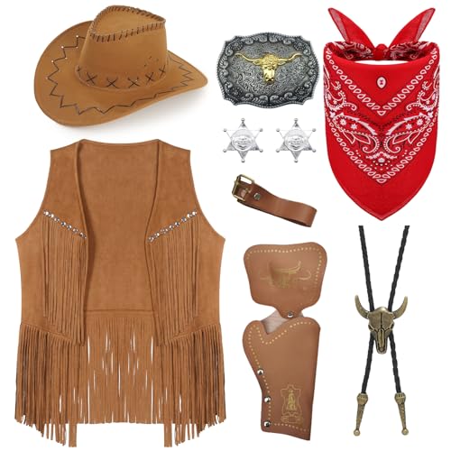 9-teiliges Cowboy-Kostüm-Set für Herren, Western-Cowboy-Kostüm mit Quasten, Weste, Hut, Paisleymuster, Bandana, Western-Bolo-Schnalle, Gürtel, Holster, Sheriff-Abzeichen, Wilder Westen, von Saier tbo