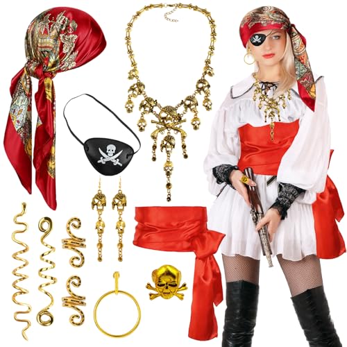 Piratenkostüm-Zubehör, mittelalterliches Kapitän-Kostüm-Set mit Piraten-Bandana, Schärpe, Augenklappe, Ring, Ohrringe, Halsketten, Haar-Accessoires für Damen, Halloween, Cosplay, von Saier tbo