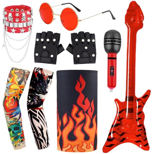 Saier tbo 10-teiliges Rocker-Kostüm-Set aus schwerem Metall, Punk, Gothic, Kostüm-Zubehör-Set mit Armband, Brille, Handschuhen, Maske, Tattoo-Ärmeln, aufblasbarem Bass und Mikrofon, für von Saier tbo