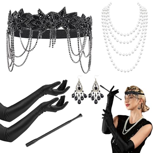 Saier tbo 1920er Jahre Flapper Zubehör für Damen, 20er Jahre Great Gatsby Kostüm Zubehör Kits mit Stirnband Lange Handschuhe Perle Halskette Armband Ohrringe Handheld Halter für Damen Cosplay Party von Saier tbo