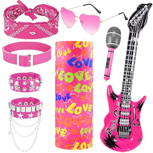 Saier tbo 8-teiliges Rocker-Kostüm-Set aus schwerem Metall, Punk, Gothic, Kostüm-Zubehör-Set mit Armbändern, Halsband, Brille, Bandana, Maske, aufblasbare Gitarre und Mikrofon für Erwachsenenparty von Saier tbo