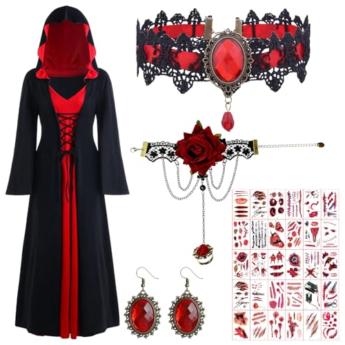 Saier tbo Halloween Vampir Kostüm Zubehör, Vintage Hexe Verkleidung Set mit Gothic Spitze Choker Armband Ohrringe Narben Tattoos Kapuze Mittelalter Kleid Cosplay Outfits für Frauen Erwachsene von Saier tbo