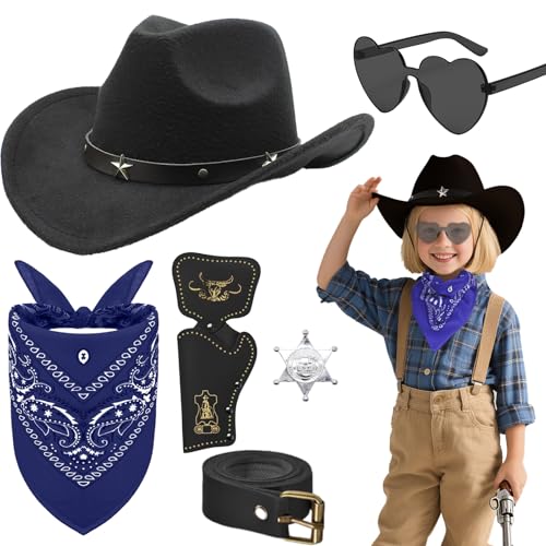 Saier tbo Western-Cowboy-Kostüm-Zubehör-Set für Kinder, Cowboy-Kostüm-Set mit Hut, Bandana, Sonnenbrille, Abzeichen, Holster, Gürtel für Jungen, Mädchen, Geburtstag, Party, Halloween, Cosplay (Schwarz Saier tbo Western-Cowboy-Kostüm-Zubehör-Set für Kinder, Cowboy-Kostüm-Set mit Hut, Bandana, Sonnenbrille, Abzeichen, Holster, Gürtel für Jungen, Mädchen, Geburtstag, Party, Halloween, Cosplay (Schwarz von Saier tbo