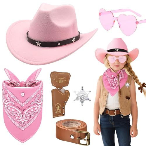 Saier tbo Western-Cowboy-Kostüm-Zubehör-Set für Kinder, Cowboy-Kostüm-Set mit Hut, Bandana, Sonnenbrille, Abzeichen, Holster, Gürtel für Jungen, Mädchen, Geburtstag, Party, Halloween, Cosplay (Rosa-1) Saier tbo Western-Cowboy-Kostüm-Zubehör-Set für Kinder, Cowboy-Kostüm-Set mit Hut, Bandana, Sonnenbrille, Abzeichen, Holster, Gürtel für Jungen, Mädchen, Geburtstag, Party, Halloween, Cosplay (Rosa-1) von Saier tbo