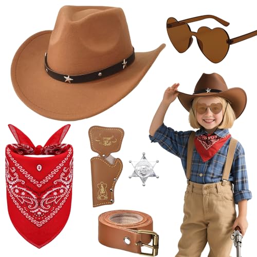 Saier tbo Western-Cowboy-Kostüm-Zubehör-Set für Kinder, Cowboy-Kostüm-Set mit Hut, Bandana, Sonnenbrille, Abzeichen, Holster, Gürtel für Jungen, Mädchen, Geburtstag, Party, Halloween, Cosplay (Braun Saier tbo Western-Cowboy-Kostüm-Zubehör-Set für Kinder, Cowboy-Kostüm-Set mit Hut, Bandana, Sonnenbrille, Abzeichen, Holster, Gürtel für Jungen, Mädchen, Geburtstag, Party, Halloween, Cosplay (Braun von Saier tbo