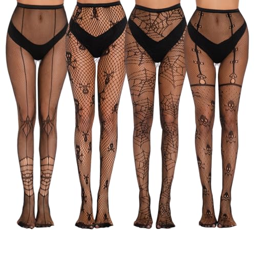 4 Stücke Netzstrumpfhose Strumpfhosen Damen Muster Halloween Netzstrümpfe,Strumpfhose mit Spinnen und Spinnennetze,Totenkopf-Netzstrumpfhose für Damen für Faschingskostüme,Karneval,Halloween(A) von Saituo Home