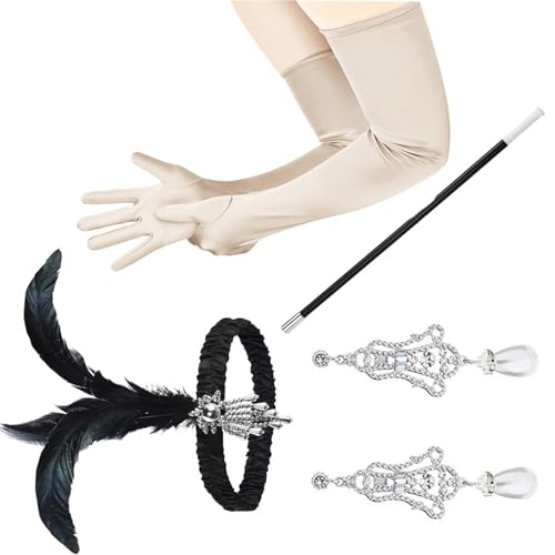 Flapper-Zubehör für Damen, Gatsby-Party-Kostüm, Federn, Stirnband, Ohrringe, Zigarettenhalter, lange Handschuhe für Cocktail-Party, 1920er-Jahre-Kostüm-Set von Saiyana