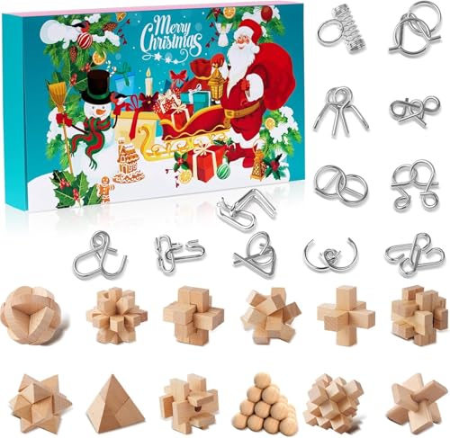 Adventskalender 2024 Knobelspiele für Kinder & Erwachsene-24 Tage von Weihnachtskalender Geschenke mit Metall Knobelei und 3D Holzk, Geschicklichkeitsspiele, IQ Puzzle für Jungen Mädchen Teenager von Sakmilu