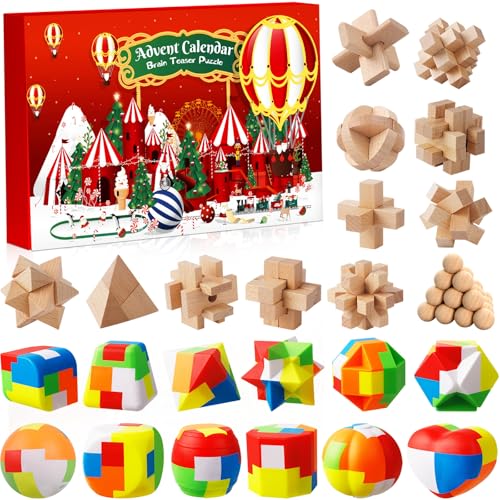 Adventskalender Knobelspiele 2024 für Kinder & Erwachsene-24 Tage von Weihnachtskalender Countdown mit Knobelei und 3D Holzk Puzzle, Weihnachts Geschenke für Jungen, Mädchen Teenager von Sakmilu