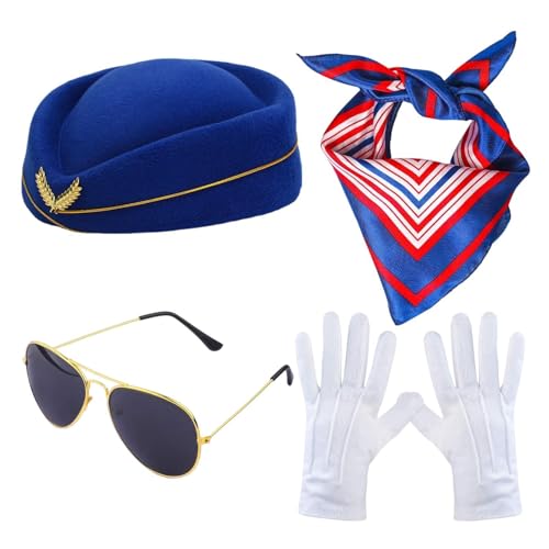 4 Stück Stewardess Kostümzubehör Set für Frauen | Flugbegleiterin Kostüm Zubehör mit Flugbegleitermütze Schal Handschuhe Sonnenbrille | Stewardess Cosplay Kostüm Zubehör für Halloween Karnevals von Salyeeluly