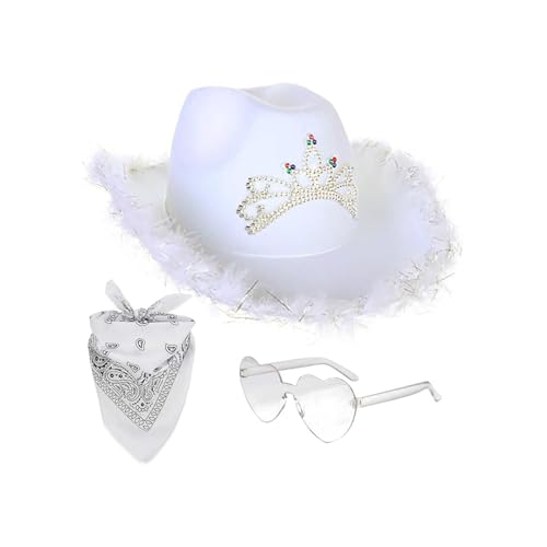 Cowboy Hut Pink | Rosa Cowboy Hut Damen | Flauschige Federkrempe Cowboyhüte mit Strass | Westen Cowboyhut mit Herz Brille und Bandana für Herren Damen Halloween Karneval Cosplay Kostümparty von Salyeeluly