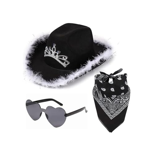 Cowboy Hut Pink | Rosa Cowboy Hut Damen | Flauschige Federkrempe Cowboyhüte mit Strass | Westen Cowboyhut mit Herz Brille und Bandana für Herren Damen Halloween Karneval Cosplay Kostümparty von Salyeeluly