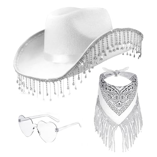 Salyeeluly Cowboy Hut Damen | Rosa Cowgirl-Hut | Partybrille Accessoires Mit Strass Fransen Glitzer Cowgirl Hut Karneval Kostüm Zubehör Kopfbedeckung Cosplay-Zubehör, 3 Stück von Salyeeluly