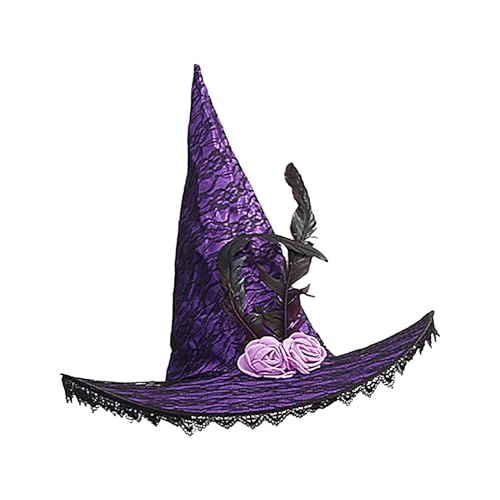 Salyeeluly Halloween-Hut – Halloween-Kostüm Zauberer Erwachsenenhut mit Spitzenkrempe – Rosen Feder Dekor Zauberer Cosplay Halloween Kostüm für Frauen von Salyeeluly