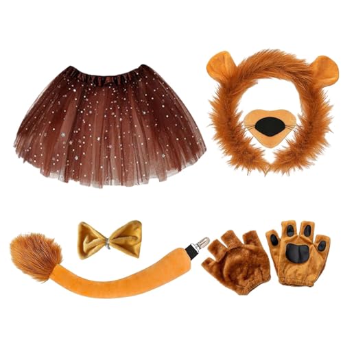 Salyeeluly Löwenkostüm Kinder | Tierkostüm Löwe-Cosplay-Set | Löwen Kostüm Erwachsene | Tierohren Stirnband + Fliege + Handschuhe+Nase + Schwanz, für Halloween Fasching Cosplay Party von Salyeeluly