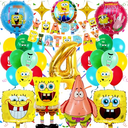 Sammelalbum SpongeBo Geburtstag Deko 4 Jahre, 31 Stück SpongeBo Party Deko, Exquisite SpongeBo Geburtstag Ballon, Kinder Geburtstag Luftballons Zubehör, mit 3D Folienballon Girlanden von Sammelalbum