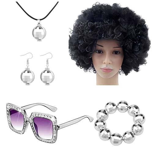 Samuliy 70er-Jahre-Disco-Accessoires für Damen,Disco-Schmuck für Damen 70er-Jahre,Rapper Kostüm Bling Disco Ball Zubehör 5 Stück - Afro-Perücke, Ohrringe, Armband, Sonnenbrille für von Samuliy