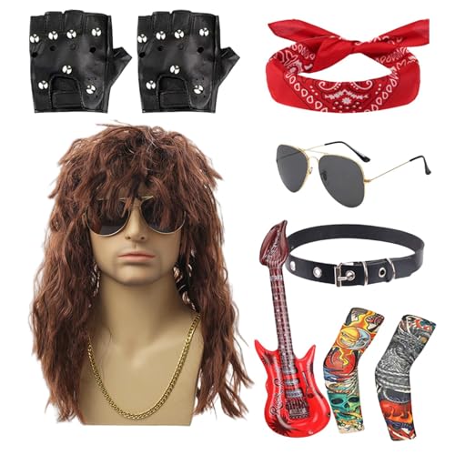 Samuliy 80er Jahre Rocker Kostüm - Metall Disco Kostüm Herren Hippie Perücke - Herren Rocker Heavy Metal Kostüm 70er 80er Rocker Perücken Männer Kostüm Set für den täglichen Gebrauch von Samuliy