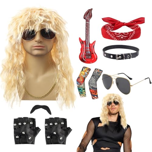 Samuliy 80er Rocker Kostüm für Herren,80er Rocker Kostüm Outfit Herren | 10-teiliges Rocker-Kostümset aus Metall,Komplettes Punk-Party-Zubehör, inklusive Perücke, Stirnband, Kragen, Sonnenbrille, von Samuliy