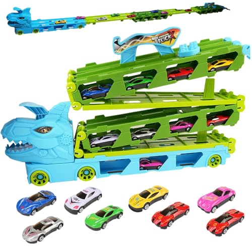 Samuliy Autotransporter-LKW-Spielzeug,Dinosaurierspur - Schlepper-LKW mit Auswurf-Rennstrecke, Transport-Autotransporter-LKW-Geschenk für 3 4 5+ Jungen von Samuliy