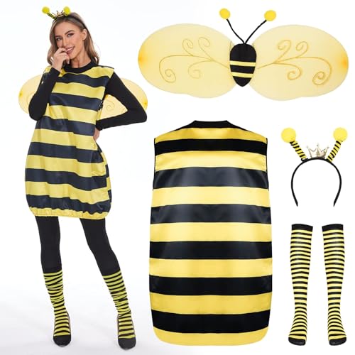 Bienen Kostüm Damen Damen Kostüm Fasching, Bienen Kostüm Damen Bienenkostüm Mit Biene Haarreif, Flügel, Beinärme,Gelbe Honigbienenkleid 4-Teiliges Hummel Faschingskostüme Lustige Kostüme Tierkostüm Ka von Sanaryun