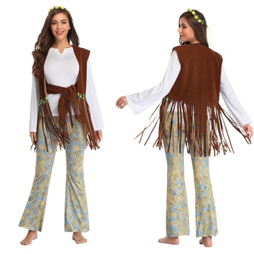 Cowboy Kostüm Damen, Cowboy Kostüm Damen, Hippie Damen Fransen Weste Wildleder-Optik Cowgirl Hippie Indianerin Boho Festival 70er Jahre Western Faschingskostüm Disco outfit Cosplay Mottoparty kostüm B von Sanaryun