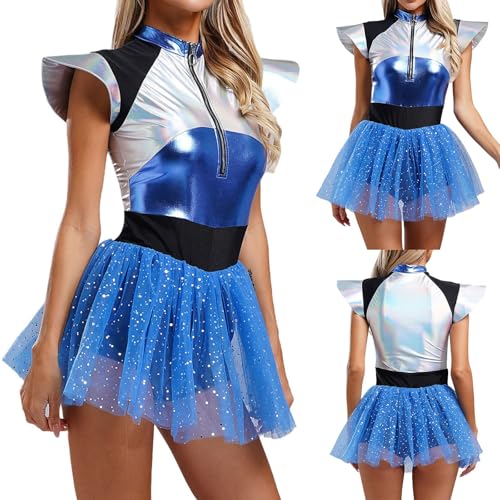 Sanaryun Alien Kostüm Damen Weltall Space Girl Metallic - Astronauten Fasnacht Cop Cheer Tütü Ballettrock Karneval Fasching Party Outfits von Sanaryun