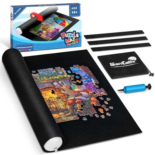 Sancaliie Puzzlematte Roll Jigsaw Storage Filzmatte, Jigroll bis zu 2000 Stück Jigsaw Puzzle Player, Geschenkbox mit Kordelzug Aufbewahrungstasche, 3 Gummiband, Handpumpe von Sancallie