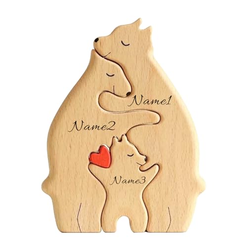 Personalisiertes Holzkunstpuzzle der Bärenfamilie Geschenk mit 1-8 Namen, Familienpuzzle Holz Mit Namen, Desktop Ornament Home Tischdekoration für Familie Andenken Geschenke (3) von Sangkoo