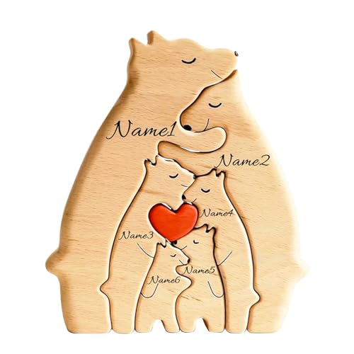 Personalisiertes Holzkunstpuzzle der Bärenfamilie Geschenk mit 1-8 Namen, Familienpuzzle Holz Mit Namen, Desktop Ornament Home Tischdekoration für Familie Andenken Geschenke (6) von Sangkoo