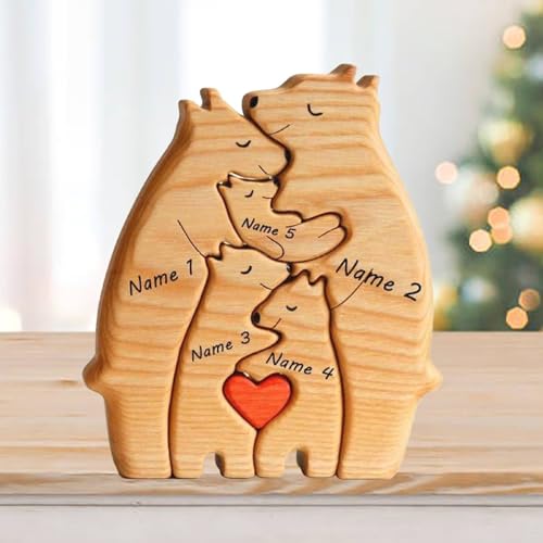 Sangkoo Personalisierte Bär Holzkunstpuzzle Familie Holz Puzzle mit 2-7 Namen Engraved, Benutzerdefiniertes Holz Bär Desktop Ornament Home Dekoration, Geschenk für Familie (Bär #1) von Sangkoo