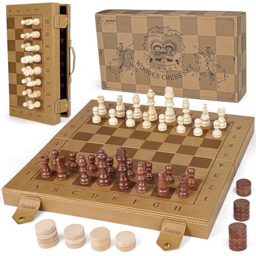 Sanlebi Magnetisches Schachspiel 2 In 1-15’’ Pu Leder Schach Schachbrett Holz, Einklappbar Reiseschach Figuren, Chess Set Schachspiel Hochwertig für Kinder Erwachsene(39x39cm) von Sanlebi