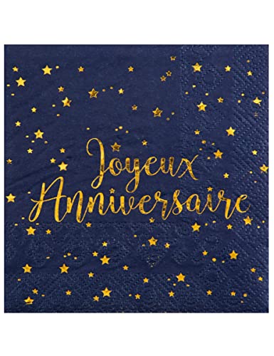 20 Papierservietten, Motiv "Joyeux Anniversaire", Marineblau, 33 x 33 cm von Santex