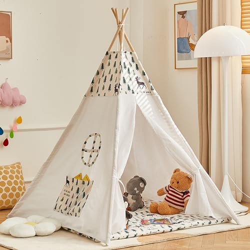 Faltbare Spielzelte für Mädchen Junge, Tipi Zelt für Kinder, Holzstange Druck Leinwand Tipi Spielhaus für Kind Indoor Outdoor von SanzIa