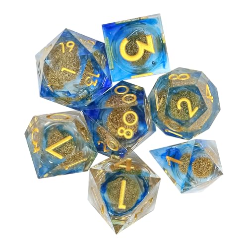 Sarini 7-teiliges Würfelset mit Flüssigkern und Kunstharz,scharfe Kanten,polyedrische DND-Würfel für Dungeons and Dragons,RPG,MTG-Tischspiele (Goldblau) von Sarini