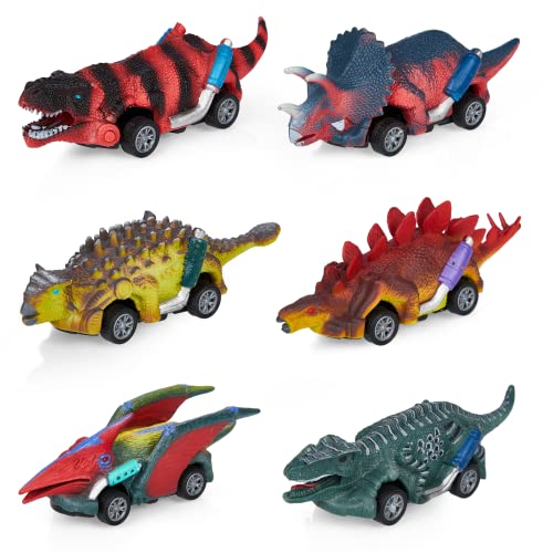 Sarsumir Dinosaurier Spielzeug Auto 6 Stück für Jungen Mädchen Zurückziehen Spielzeugauto Geschenke für 3 4 5 6 Jahre Kinder , Tiefe Farbe von Sarsumir