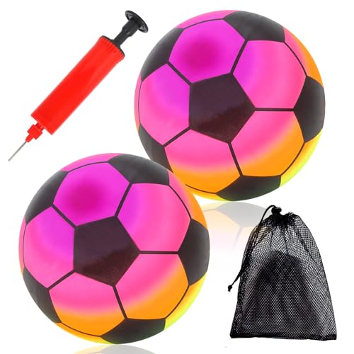 2 Stück Regenbogen Ball 21cm Bouncy Ball Regenbogen Fußball Kinder Spielball Bouncy Fußball Aufblasbarer Strandball Wasserball Kinderspielball für Drinnen Draußen mit Pumpe und Aufbewahrungstasche von Satiskid