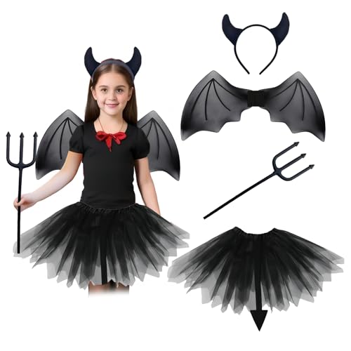 Kinder Teufel Kostüm, Kinder Teufelchen Kostüm mit Teufel Hörner Stirnband, Flügel, Tutu Rock und Dreizack Requisite, Mädchen Halloween Cosplay Kostüme, Fancy Dress für 80-140cm Kinder (Schwarz) von Satiskid