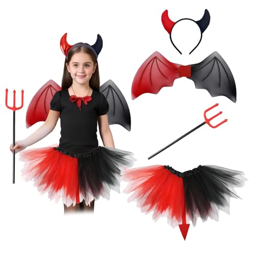 Kinder Teufel Kostüm, Kinder Teufelchen Kostüm mit Teufel Hörner Stirnband, Flügel, Tutu Rock und Dreizack Requisite, Mädchen Halloween Cosplay Kostüme, Fancy Dress für 80-140cm Kinder (Schwarz & Rot) von Satiskid