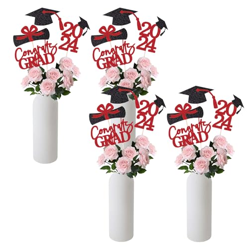 Satiskid 16 Stücke 2024 Graduation Party Herzstücksticks, 2024 Graduation Cake Topper Abschluss Kuchen Picks Cupcake Zahnstocher Graduierung Foto Requisiten (Rot Schwarz) von Satiskid