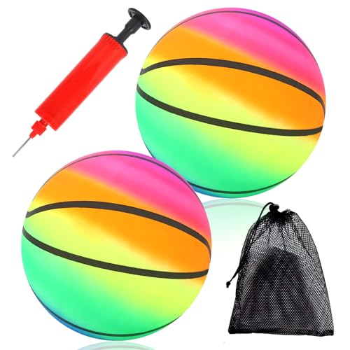 Satiskid 2 Stück Regenbogen Basketball 21cm Aufblasbarer Regenbogen Sportbälle mit Handluftpumpe UNT Aufbewahrungstasche, Neon Basketball Spiel Spiel Geschenk im Freien für Kinder und Kleinkinder von Satiskid