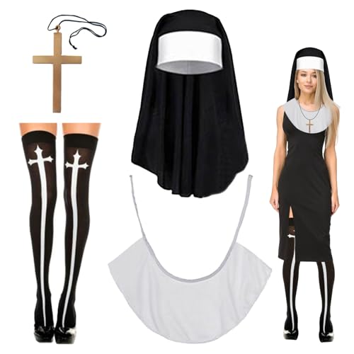 Satiskid 3 Stück Nonne Kostüm Zubehör, Nonne Kopfbedeckung, Nonnenkragen, Halskette, kniehohe Socken, Damen Cosplay Maskerade Kostüm Zubehör, Halloween Party Cosplay Zubehör von Satiskid