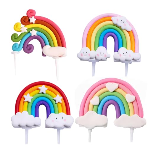 Satiskid 4 Stück Regenbogen Tortendeko Geburtstag Regenbogen Wolken Kuchen Topper Happy Birthday Tortendeko für Kinder Mädchen Junge Frauen Hochzeit andere Party von Satiskid