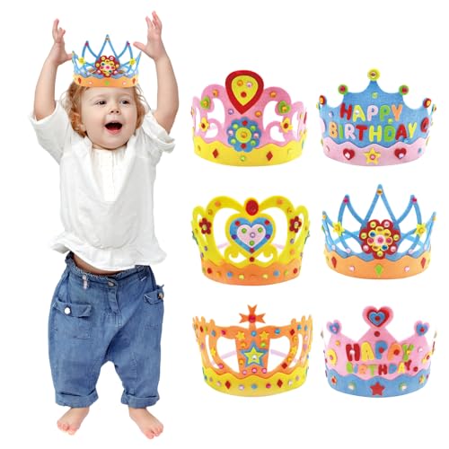 Satiskid 6 Sets DIY Kronen für Kinder, Filz Kronen Hut, DIY Geburtstag Kronen Hut, machen eine Krone Kit mit Strass, nicht gewebt Geburtstag Hut, Könige Krönung Party Handwerk für Kinder von Satiskid